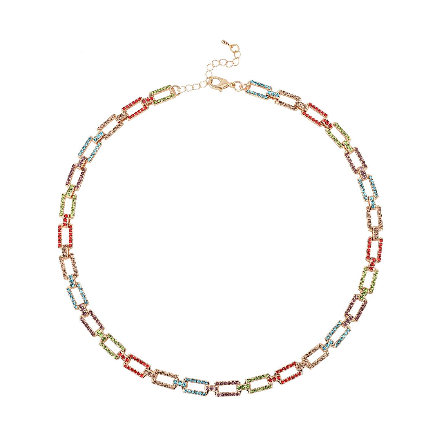 Multi Color Austrian Crystal Link Necklace 20-22 Inches in Goldtone