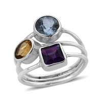 BALI LEGACY Sky Blue Topaz, Brazilian Citrine and Amethyst Mixed Shapes 3 Row Ring in Sterling Silver 3.25 ctw