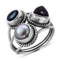 BALI LEGACY Amethyst, Swiss Blue Topaz and Freshwater Pearl Mixed Shapes 3 Row Ring in Sterling Silver 2.65 ctw - Sticky add to cart bar