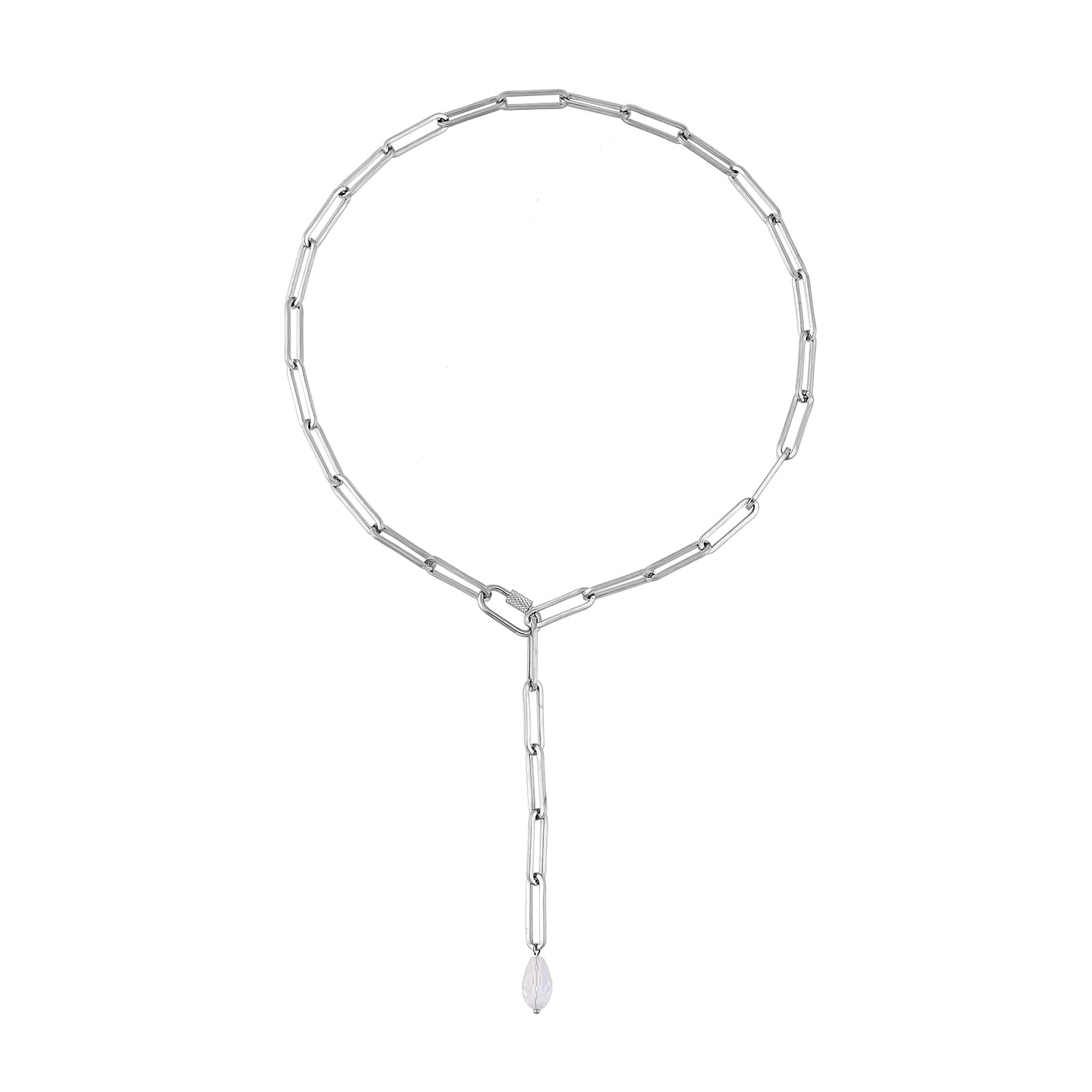 White Glass Lariat Necklace 22 Inches in Stainless Steel