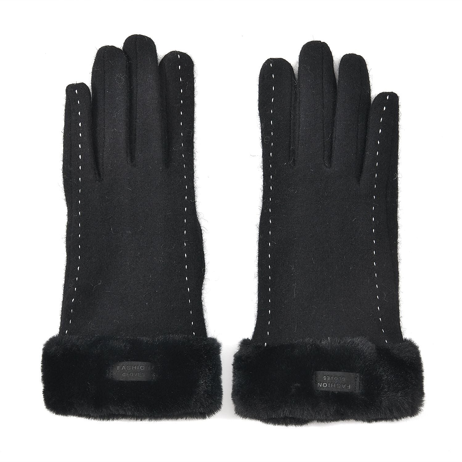Black Cashmere Warm Gloves with Faux Fur and Equipped Touch Screen Friendly (9.2"x3.54")