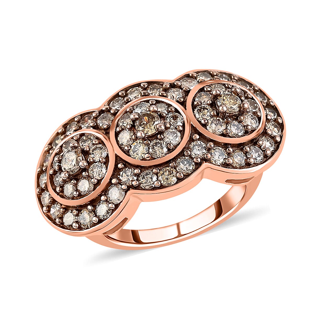 NY Closeout Natural Champagne Diamond Trilogy Circle Ring in 14K Rose Gold Over Sterling Silver 1.50 ctw