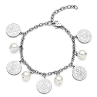 White Shell Pearl Coin Charm Bracelet in Stainless Steel (7.25 In) 1.00 ctw