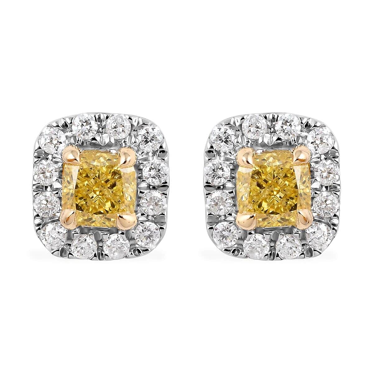 14K White & Yellow Gold Natural Yellow Diamond Cushion with White Diamond Halo Stud Earrings 0.50 ctw
