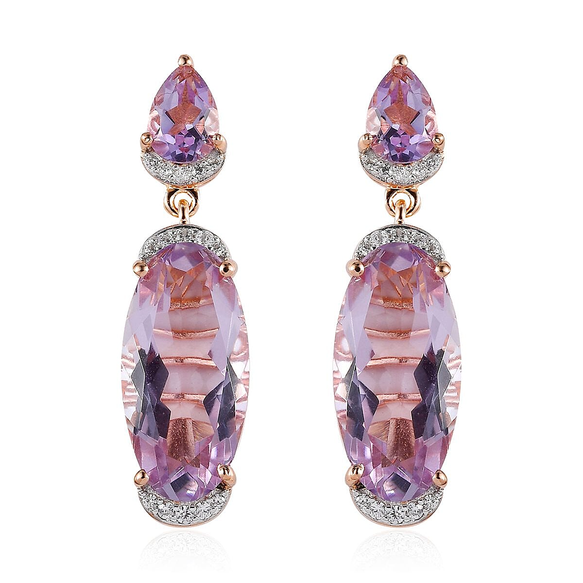 Rose De France Amethyst and White Zircon Dangling Earrings in Vermeil Rose Gold Over Sterling Silver 12.85 ctw