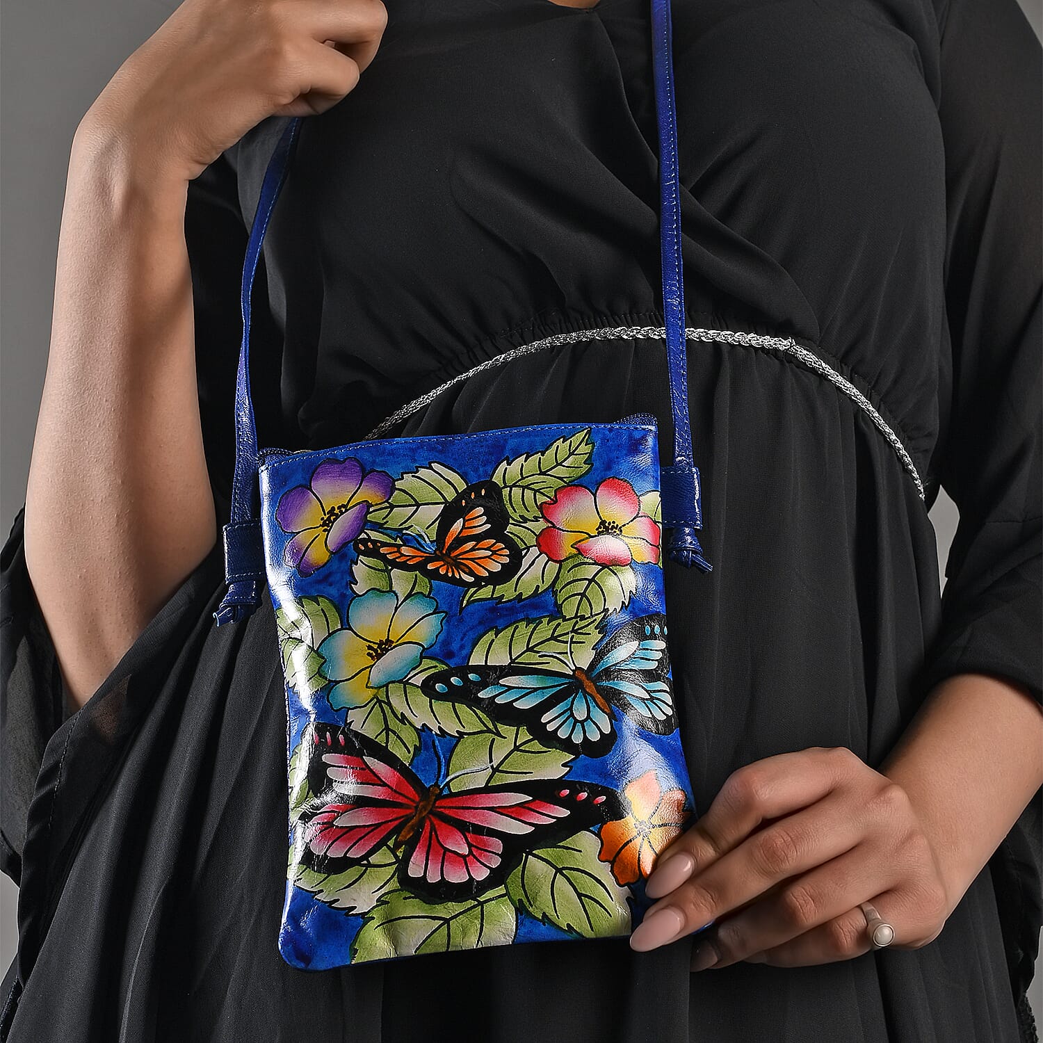 VIVID by SUKRITI Butterfly Theme Hand Painted Genuine Leather Crossbody Bag Size: 6.2(L) x 7.8(H) inches Color: Blue
