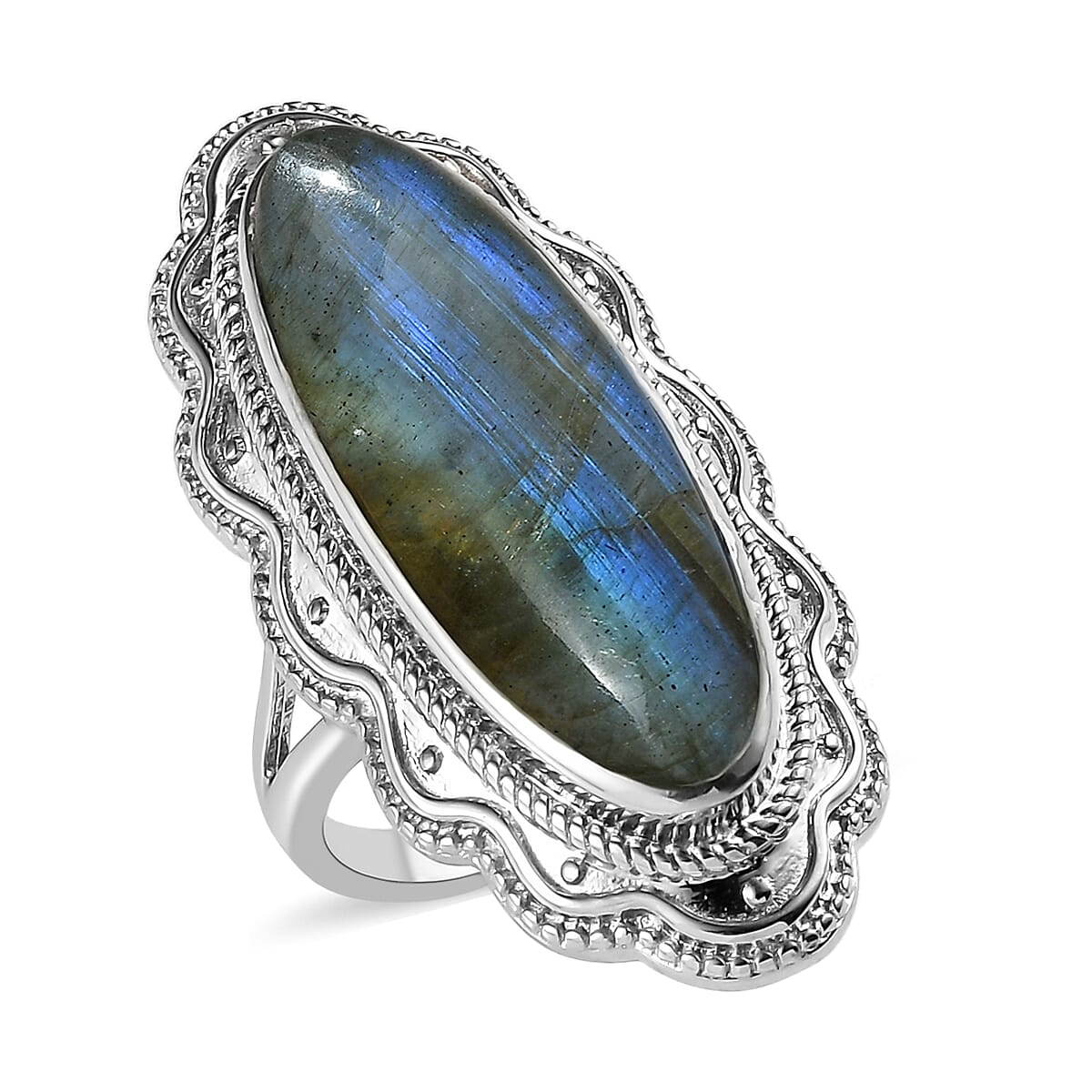 Malagasy Labradorite Solitaire Ring in Platinum Over Copper 14.75 ctw