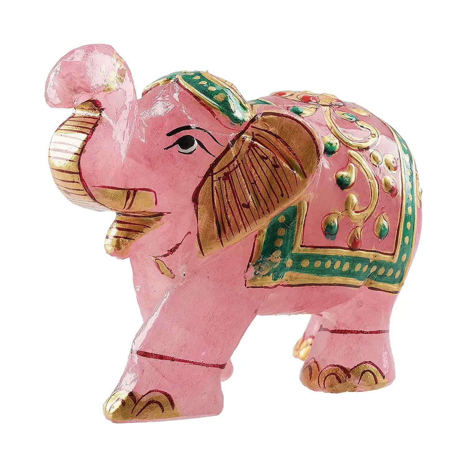Artistic Elephant Figurine Natural Pink Rose Quartz Stone Gold Hand Painted Handmade Decorative Showpiece