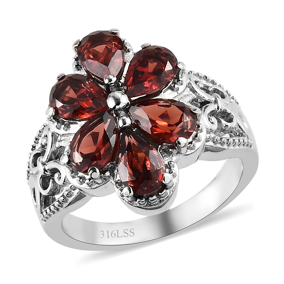 Mozambique Garnet Floral Ring in Stainless Steel 2.90 ctw