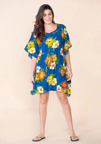 TAMSY Blue Floral Print Staple Kaftan - One Size Fits Most