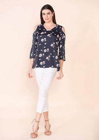 TAMSY Black 100% American Crepe Cold Shoulder Top - L