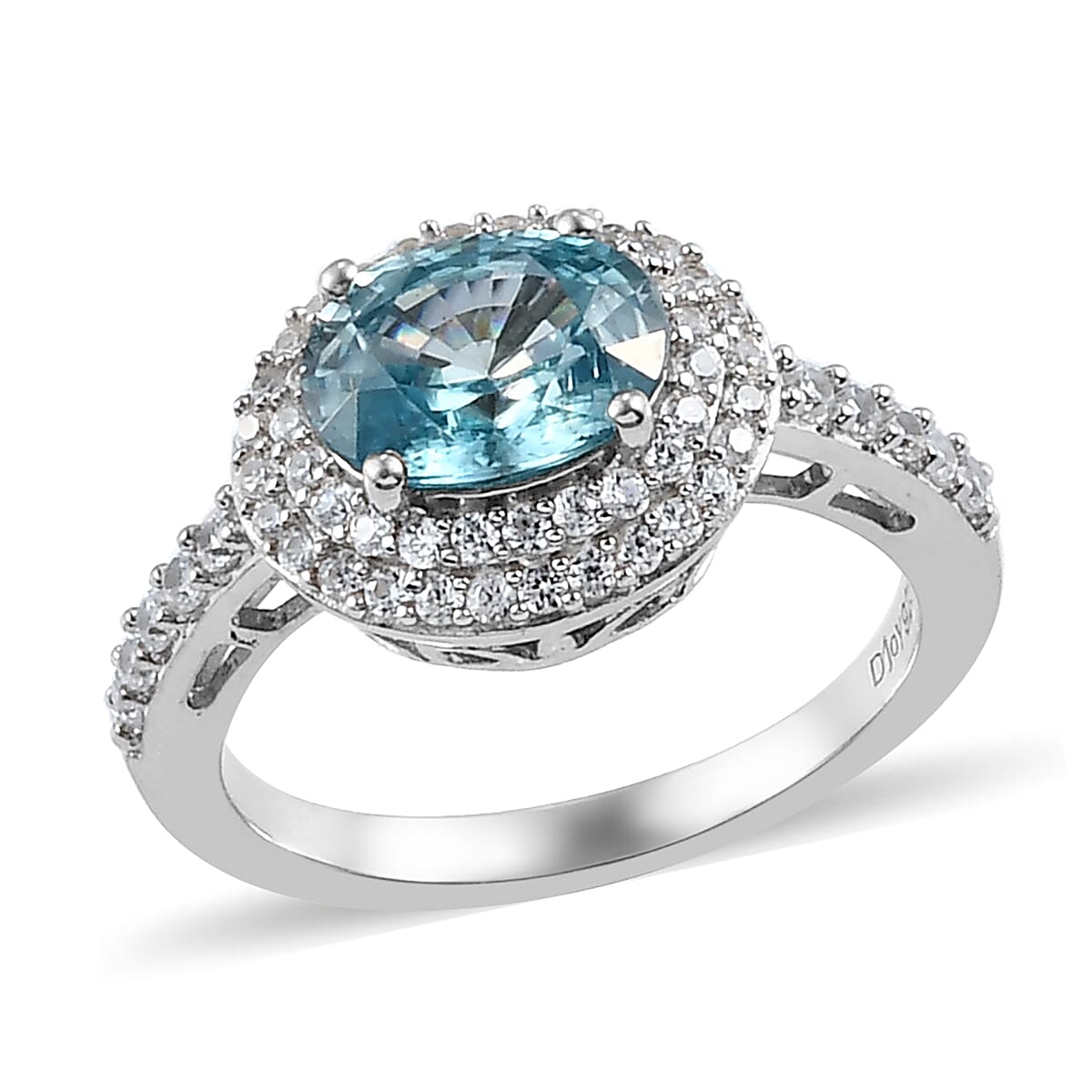 Cambodian Blue Zircon, Natural White Zircon Double Halo Ring in Sterling Silver (Size 10.0) 2.55 ctw