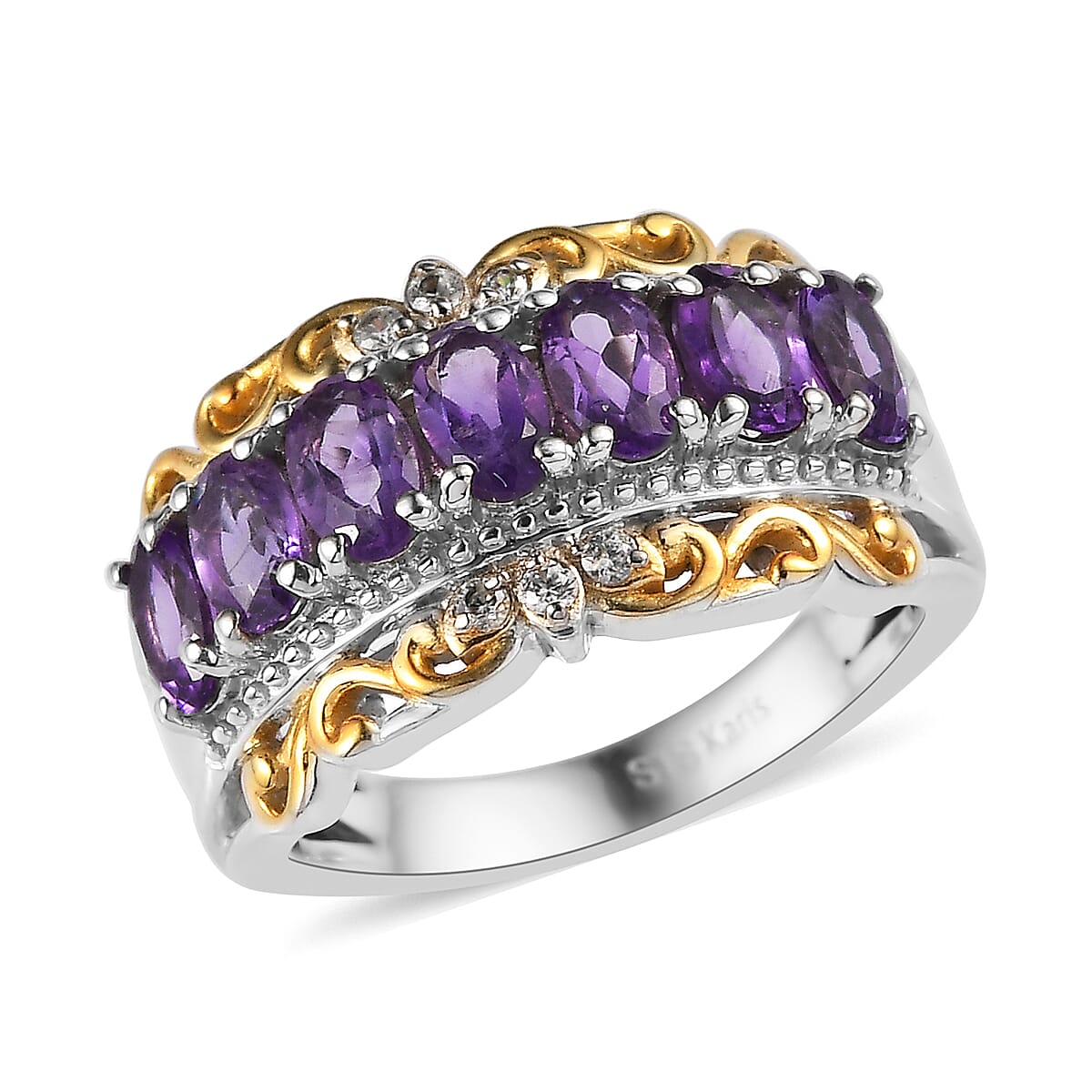 KARIS Amethyst and Natural White Zircon Ring in Platinum Bond and 18K Yellow Gold Plated 1.50 ctw