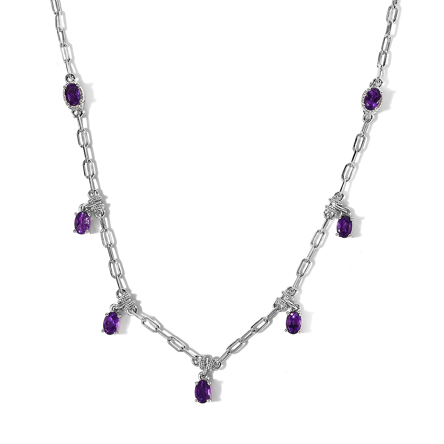 Karis Amethyst Paper Clip Chain Station Necklace 18-20 Inches in Platinum Bond 3.35 ctw