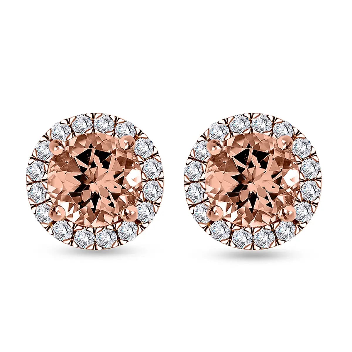 Ankur Treasure Chest Modani 14K Rose Gold Premium Marropino Morganite and Diamond Stud Earrings, Halo Studs, Morganite Earrings, Rose Gold Earrings, Diamond Halo Earrings 1.90 ctw