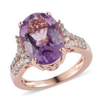 Rose De France Amethyst, Natural White Zircon Split Shank Ring in Vermeil RG Over Sterling Silver (Size 10.0) 6.25 ctw
