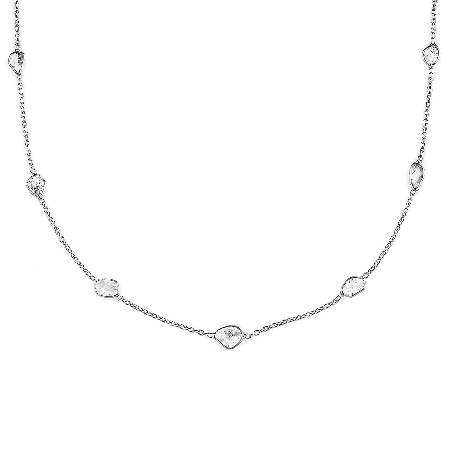 Polki Diamond Station Necklace 20 Inches in Platinum Over Sterling Silver 2.00 ctw