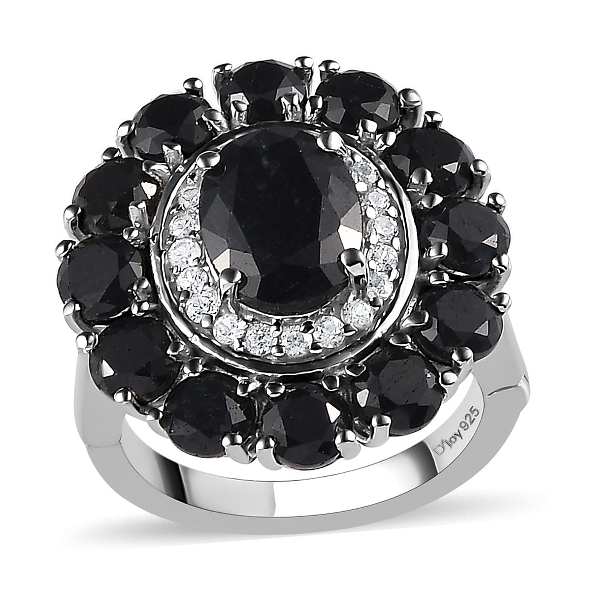 Midnight Sapphire and Natural White Zircon Floral Ring in Platinum Over Sterling Silver 7.50 ctw