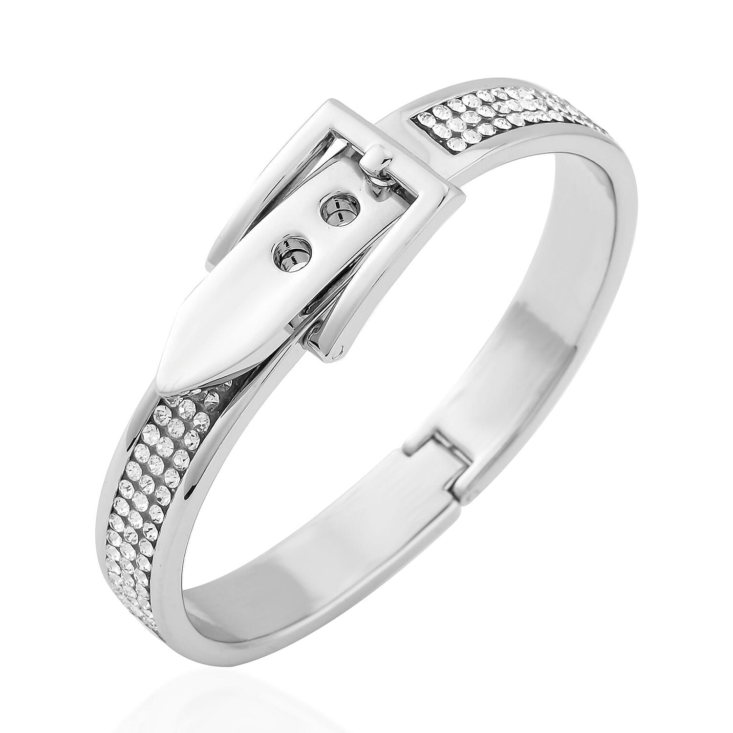 Austrian Crystal Buckle Bangle Bracelet in Silvertone (7.0 In)
