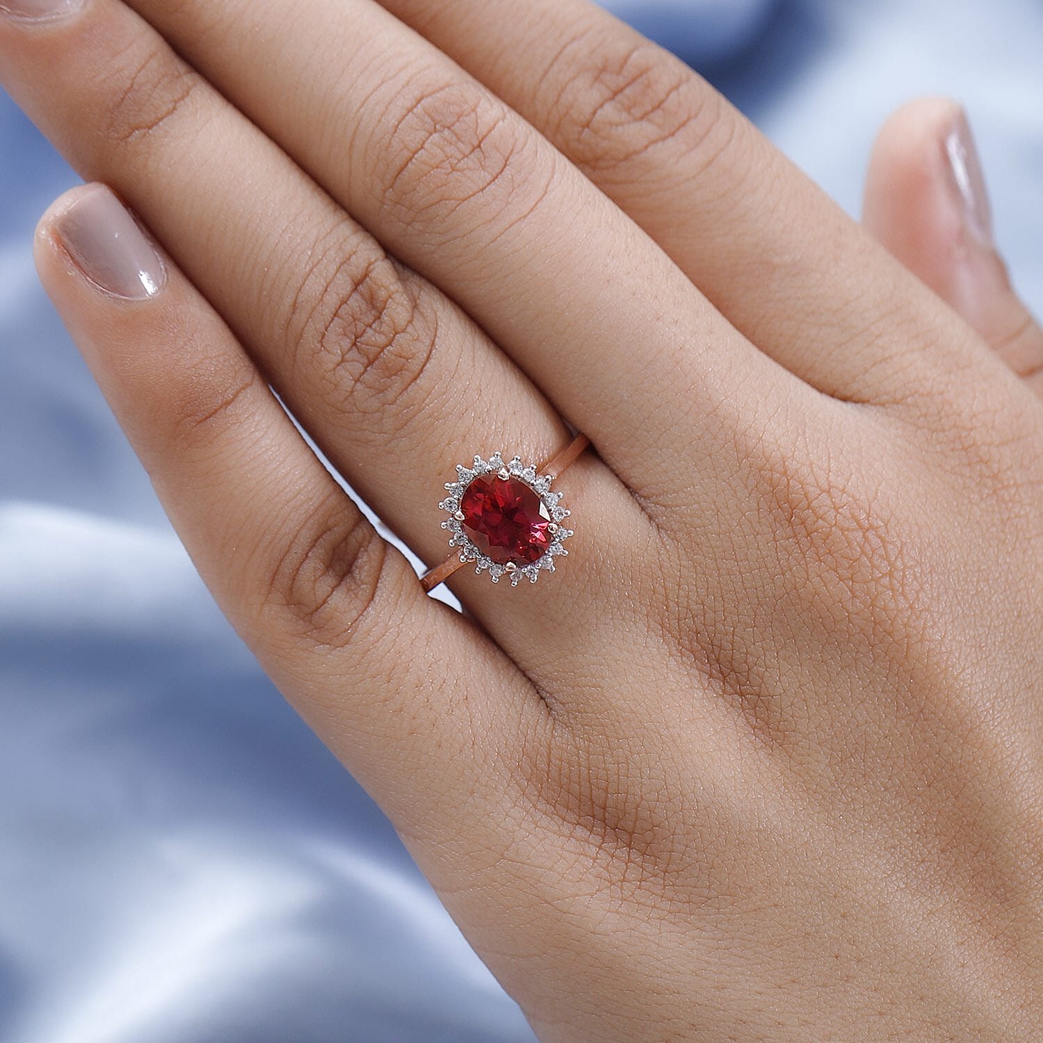 Brazilian Padparadscha Pink Petalite and Natural White Zircon Sunburst Ring in Vermeil Rose Gold Over Sterling Silver 1.65 ctw