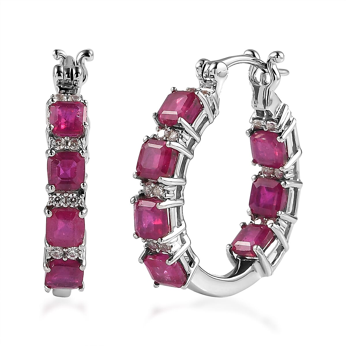 TLV Asscher Cut Masoala Sapphire, Natural White Zircon Inside Out Hoop Earrings in Platinum Over Sterling Silver 7.65 ctw