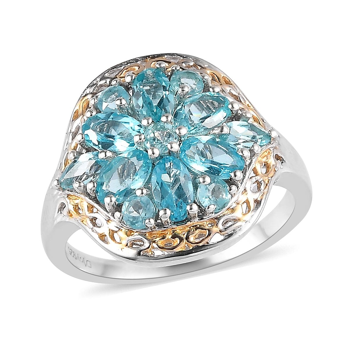 Madagascar Paraiba Apatite Floral Ring in Vermeil Yellow Gold and Platinum Over Sterling Silver 2.15 ctw (Delivery in 3-5 Business Days)