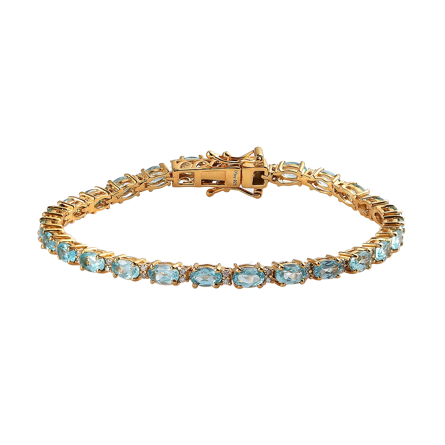 Madagascar Paraiba Apatite and Moissanite Tennis Bracelet in Vermeil Yellow Gold Over Sterling Silver (7.25 In) 7.60 Grams 7.35 ctw
