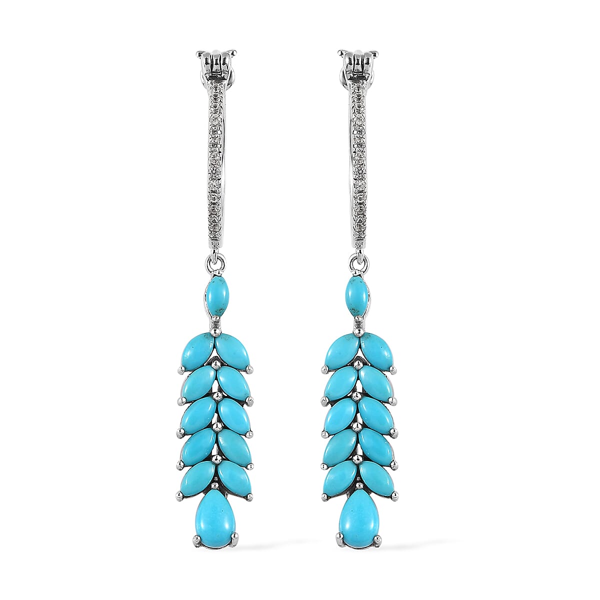 Sleeping Beauty Turquoise and White Zircon Dangle Earrings in Platinum Over Sterling Silver 4.15 ctw