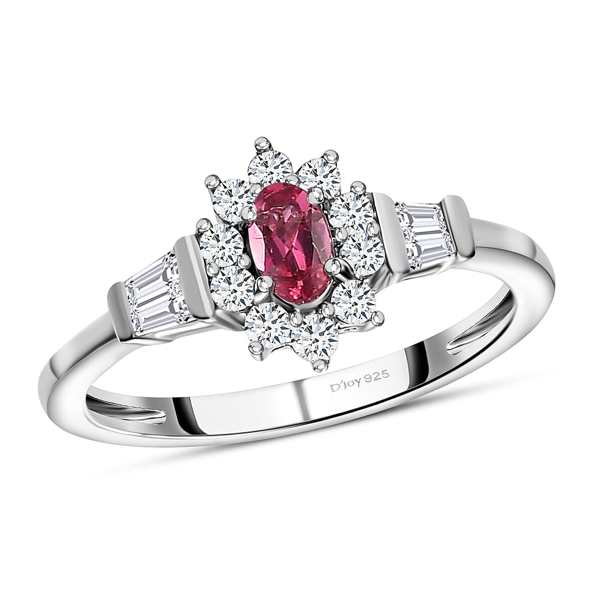 Premium Ouro Fino Rubellite and Natural White Zircon Sunburst Ring in Platinum Over Sterling Silver 0.75 ctw