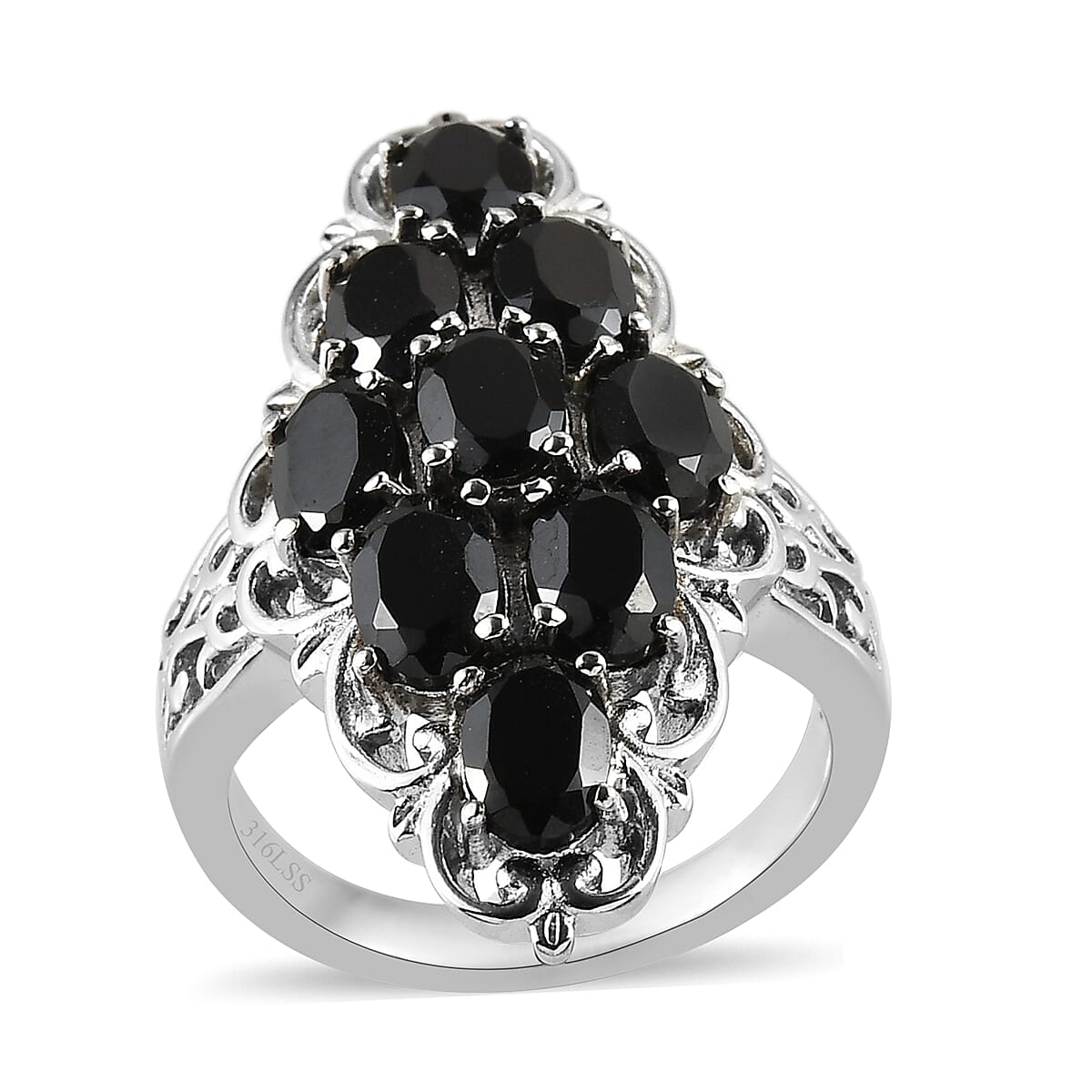 Natural Thai Black Spinel Elongated Ring in Stainless Steel 5.50 ctw