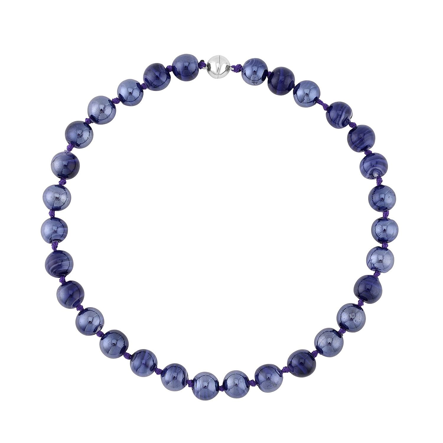 Purple Color Murano Style Beaded Knotted Necklace 20 Inches in Silvertone