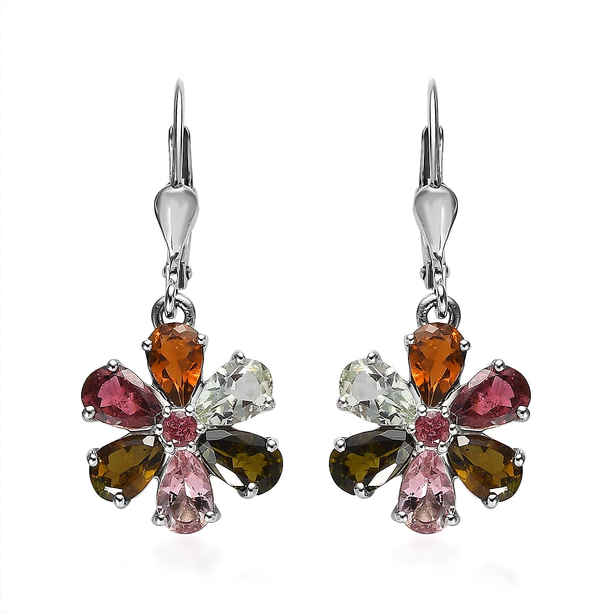 Multi-Tourmaline Floral Earrings in Platinum Over Sterling Silver 4.25 ctw