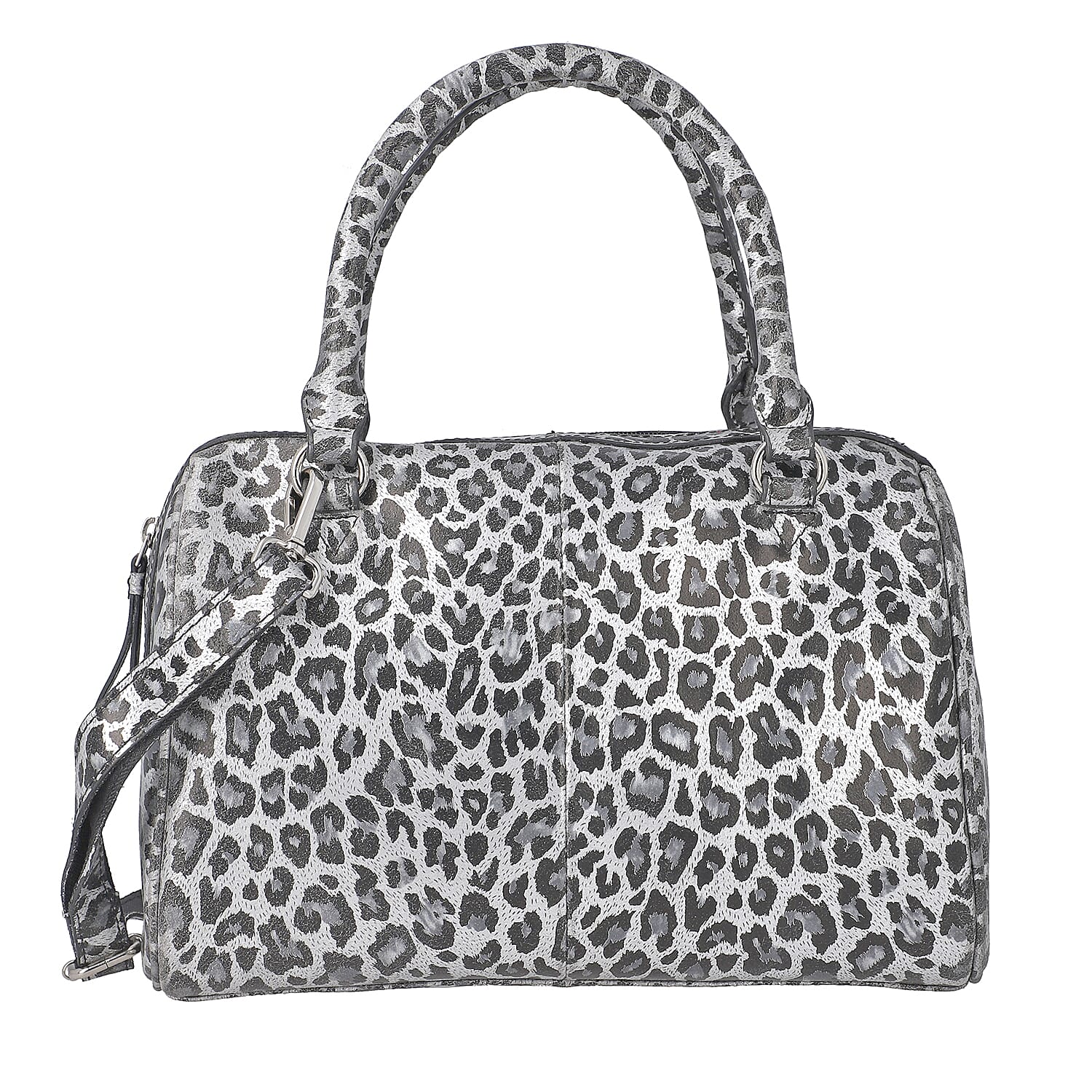 "Leopardskin Foiled Shoulder Bag SIZE: 11.4(L)x3.94(W)x9(H) Inches COLOR: Grey & Black"