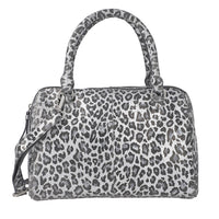 "Leopardskin Foiled Shoulder Bag SIZE: 11.4(L)x3.94(W)x9(H) Inches COLOR: Grey & Black"