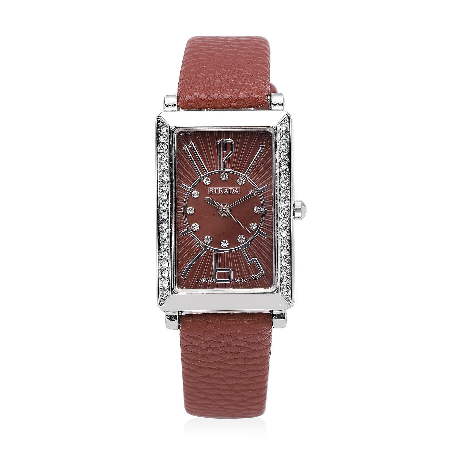 Strada Japanese Movement White Austrian Crystal Watch with Chocolate Color Faux Leather Strap (35 mm) (6.75-8.25 Inches)