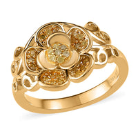 Natural Yellow Diamond I3 Floral Ring in Vermeil Yellow Gold Over Sterling Silver 0.20 ctw