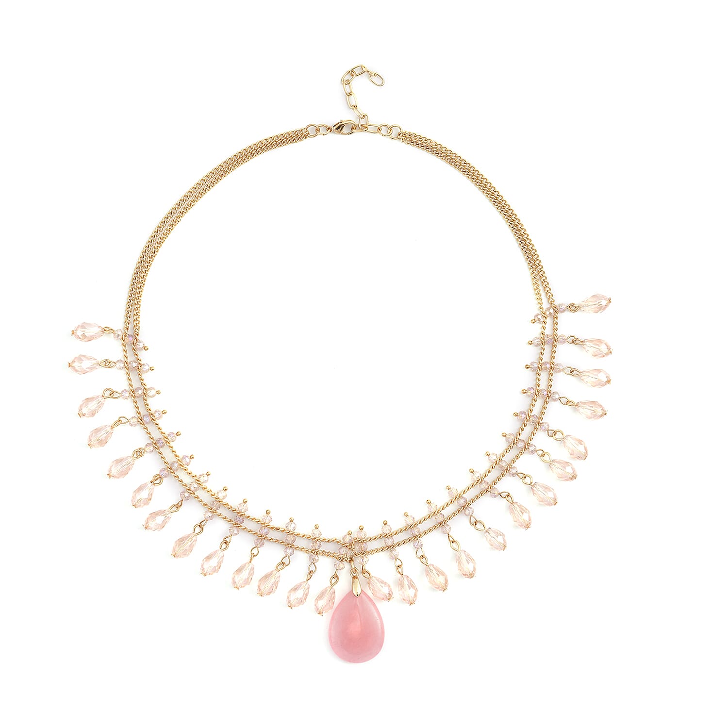Galilea Rose Quartz and Pink Glass Beaded Necklace 20-22 Inches in Goldtone 30.00 ctw