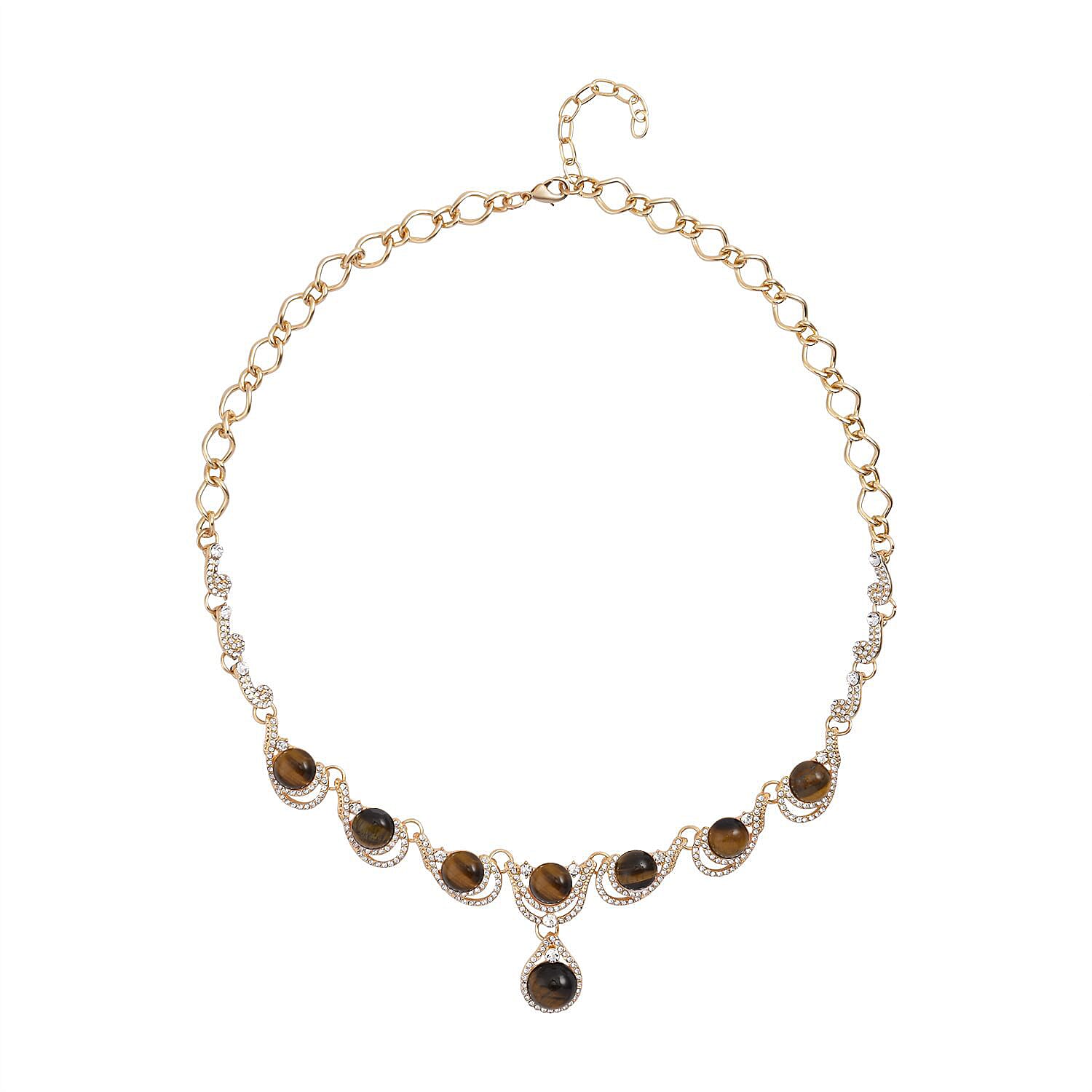 Yellow Tiger's Eye and Austrian Crystal Necklace 20-22 Inches in Goldtone 30.00 ctw