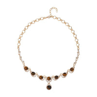 Yellow Tiger's Eye and Austrian Crystal Necklace 20-22 Inches in Goldtone 30.00 ctw