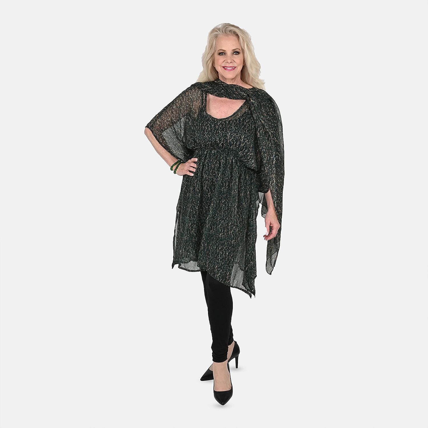 TLV Tamsy Peach Watercolor Print Poly Chiffon Kaftan (38"X41") with Scarf (67"X40") and 2pcs Matching Glass Beaded Stretch Bracelet
