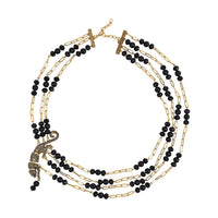 Simulated Black Pearl and Multi Gemstone Multi Row Paper Clip Chain Necklace with Leopard Charm (20-22 Inches) in Goldtone