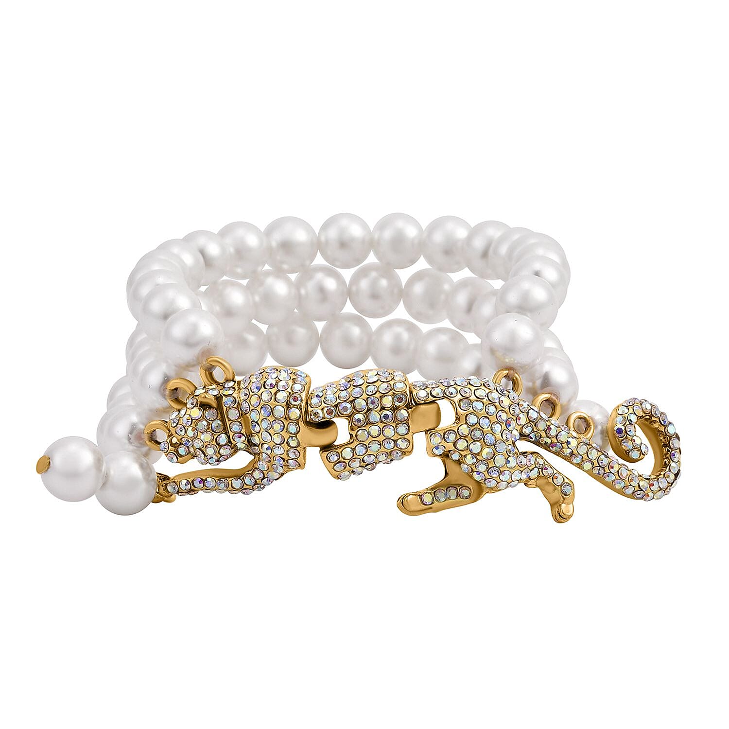 Simulated Black Pearl and Multi Gemstone Multi Row Bracelet with Leopard Charm in Goldtone (7.5-9.5In)