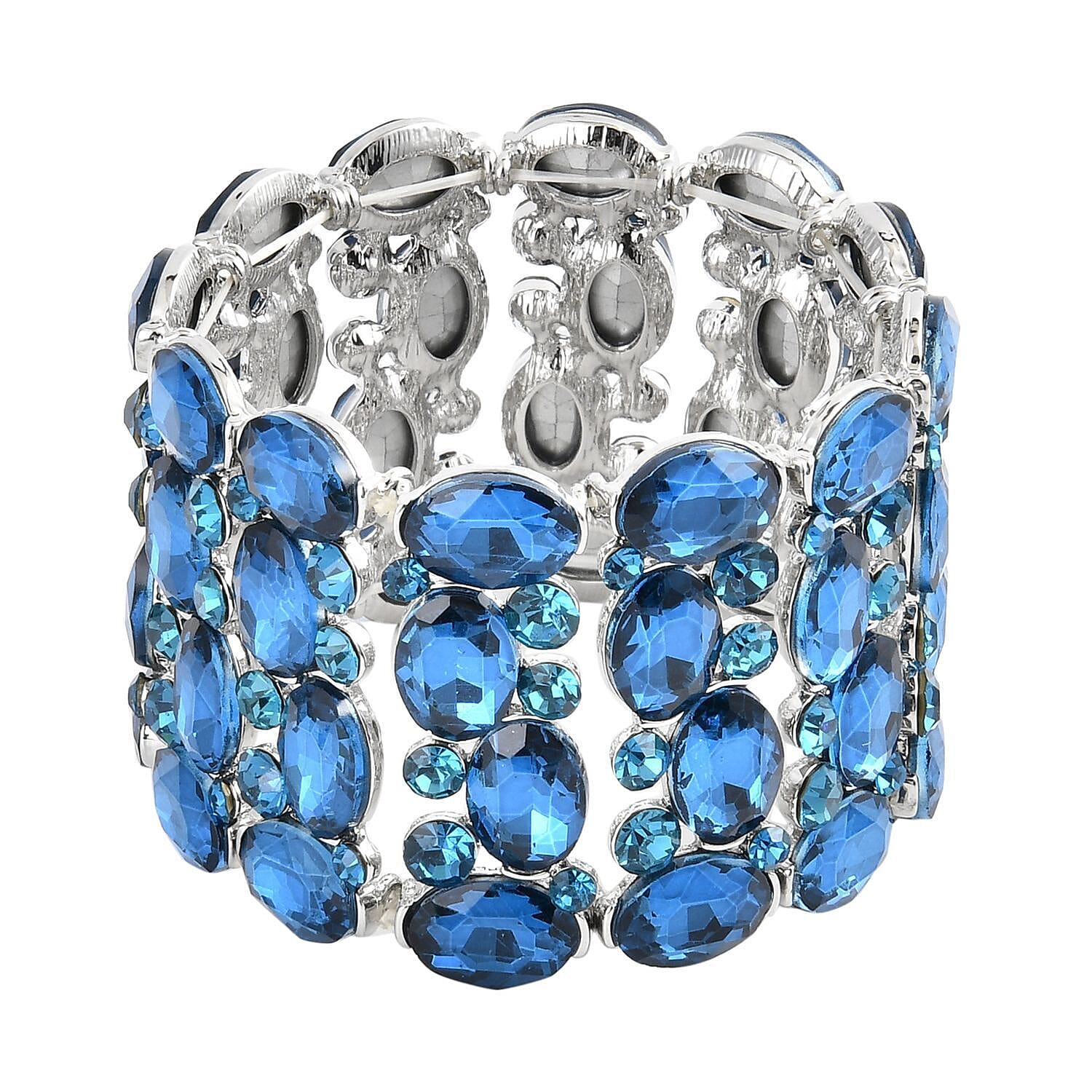 Blue Austrian Crystal and Blue Glass Bracelet in Silvertone (6.50-7.0In)