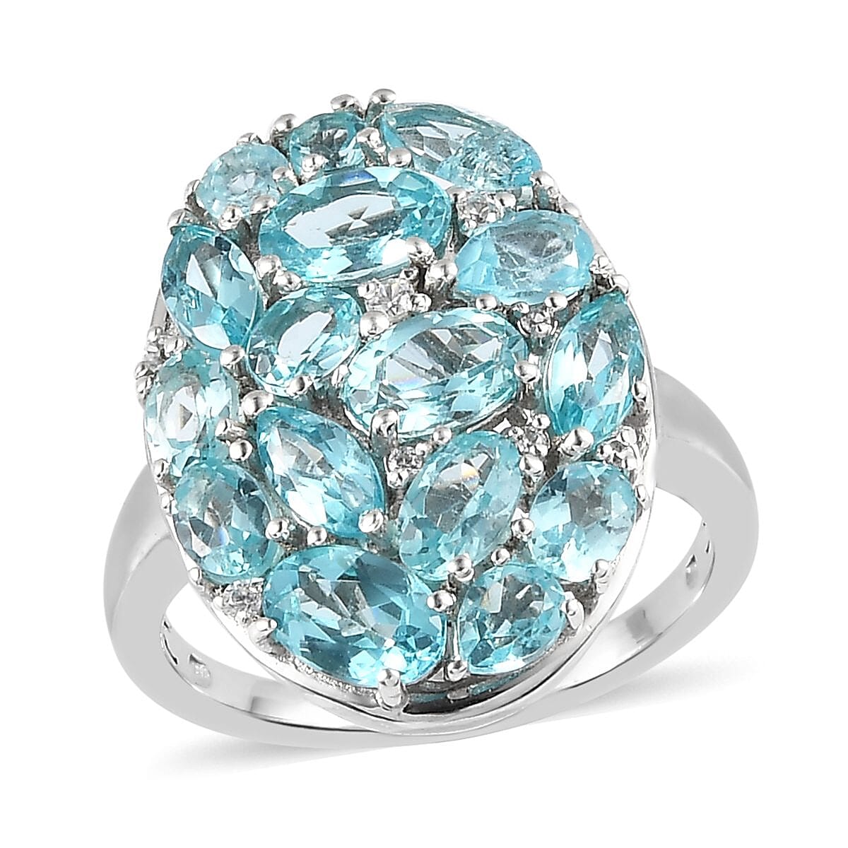 Madagascar Paraiba Apatite and Natural White Zircon Elongated Ring in Platinum Over Sterling Silver 4.25 ctw (Delivery in 3-5 Business Days)