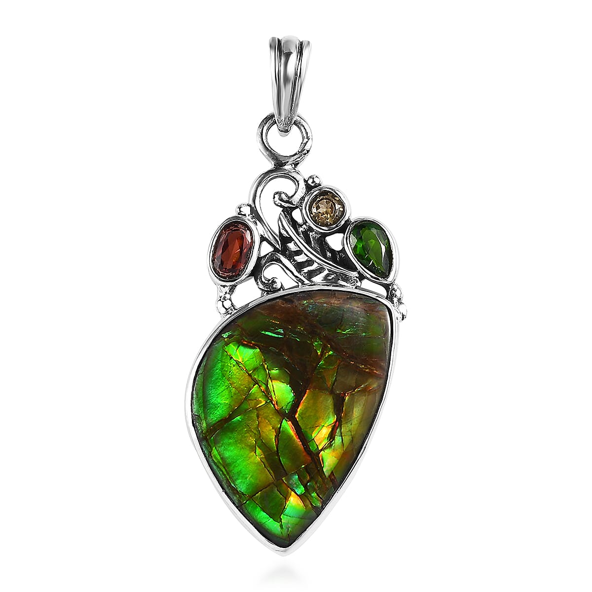 Artisan Crafted Canadian Ammolite and Multi Gemstone Pendant in Sterling Silver 0.65 ctw