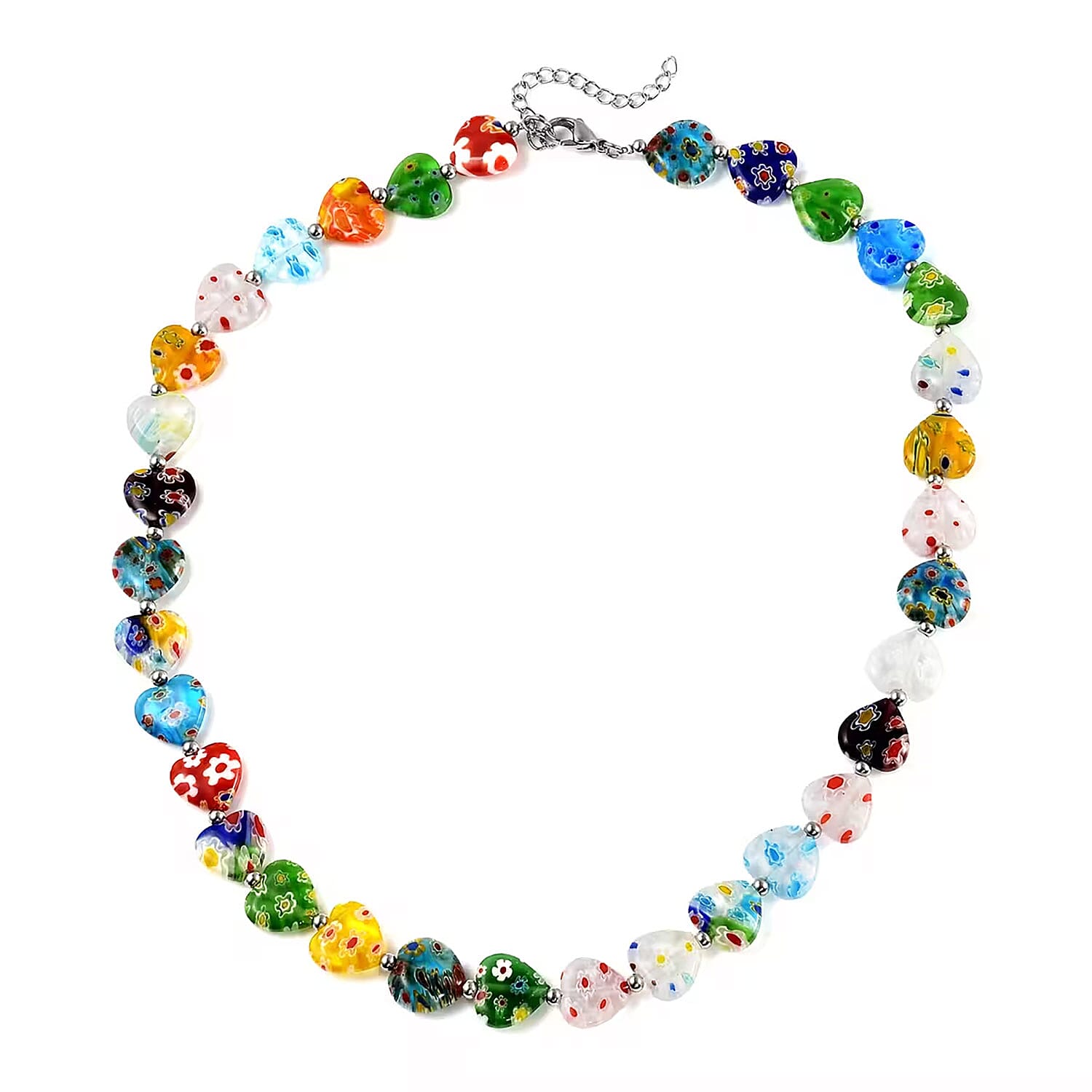 Multi Color Murano Style Heart Beaded Necklace in Stainless Steel 18-20 Inches