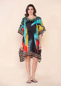 TAMSY Beige Botanical Digital Printed Short Kaftan with Drawstring - One Size Fits Most - Sticky add to cart bar