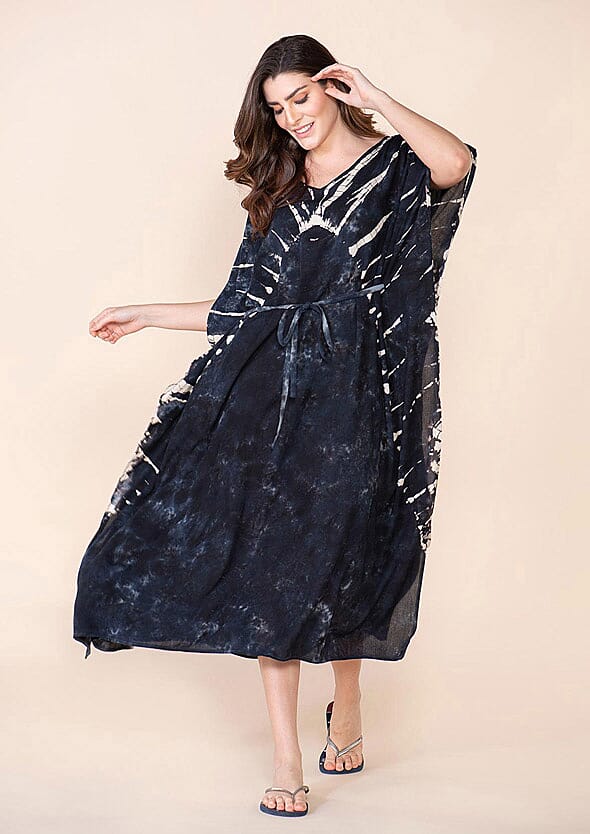 TAMSY Black 100% Rayon V-Neck Kaftan (One Size Fits Most)