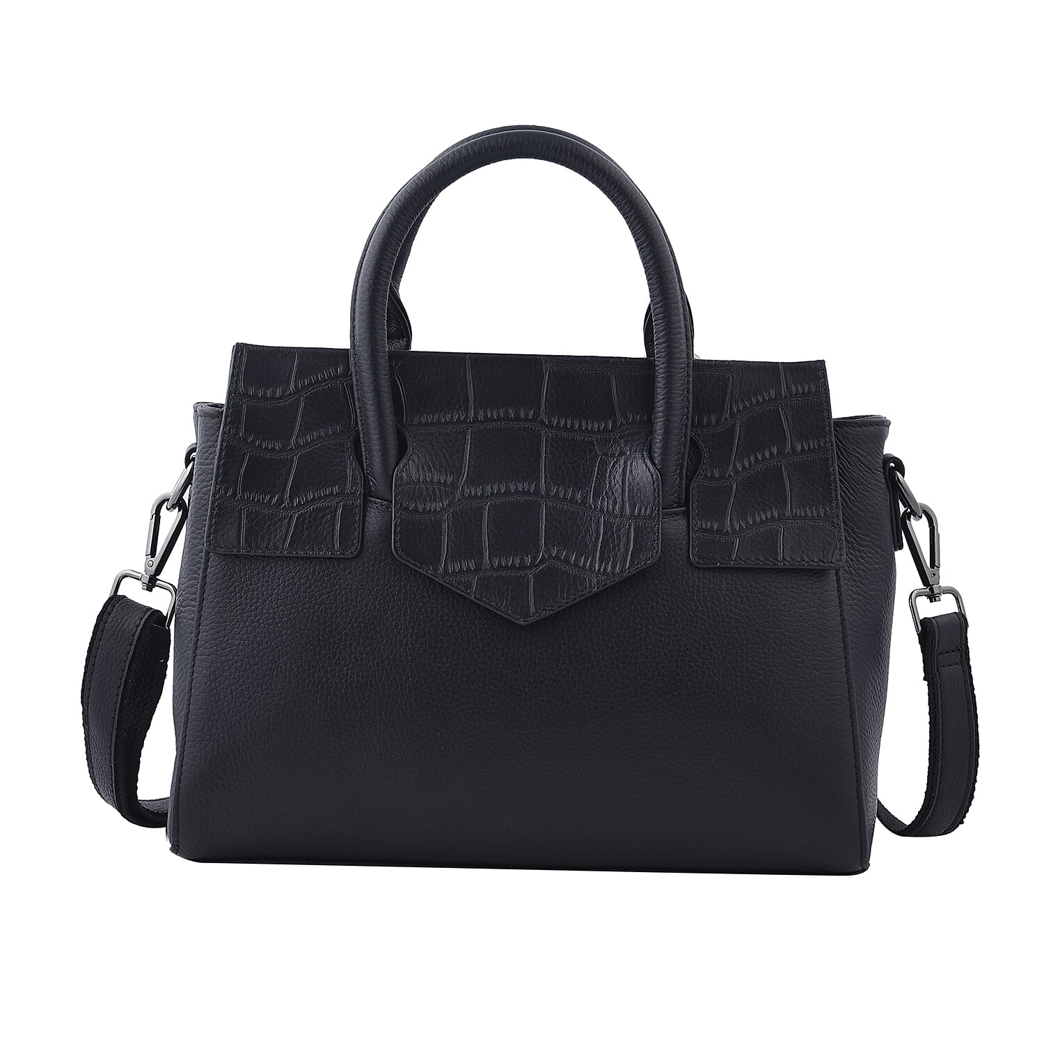 Black Color Stone Embossed Pattern Genuine Leather Convertible Bag (11.81"x4.33"x8.66") with handle and Shoulder Straps