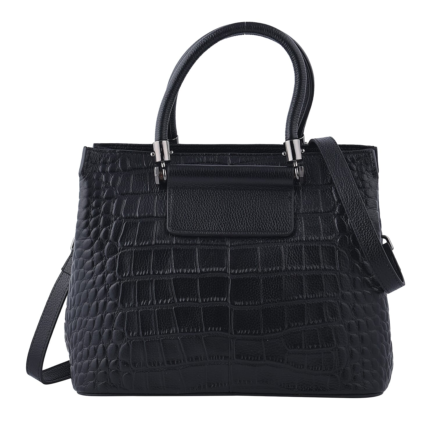 Black Crocodile Embossed Pattern Genuine Leather Convertible Bag (11.42"x4.33"x9.06") with Handle and Shoulder Straps